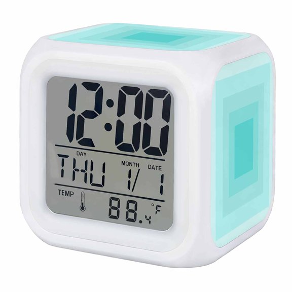 Alarm Clocks Turquoise Squares Digital Clock 7 Color LED Night Light Silent Non-Ticking Battery Operated Gradient Color Geometric Tunnel Cube Clocks for Bedroom Bedside Living Room Office Decor