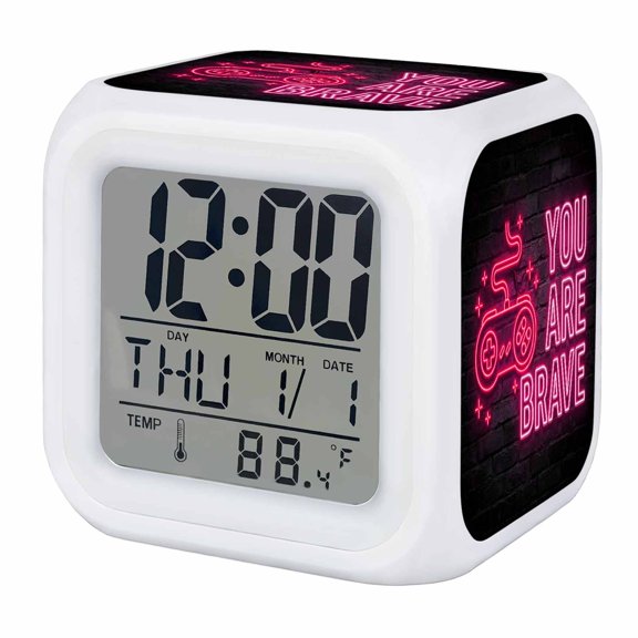 Alarm Clocks Video Game Digital Clock 7 Color LED Night Light Silent Non-Ticking Battery Operated Pink Shiny Gaming Playing Gamer Cube Clocks for Bedroom Bedside Living Room Office School Decor