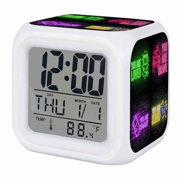 Alarm Clocks Video Game Digital Clock 7 Color LED Night Light Silent Non-Ticking Battery Operated Shiny Gaming Icons Playing Gamer Cube Clocks for Bedroom Bedside Living Room Office School Decor