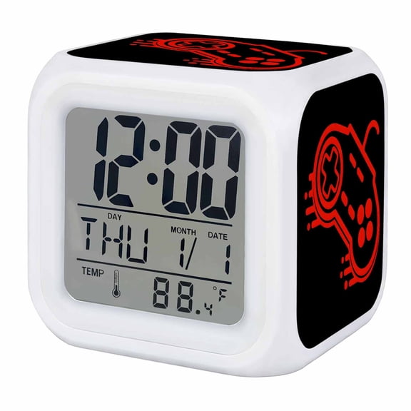 Alarm Clocks Video Games Controller Digital Clock 7 Color LED Night Light Silent Non-Ticking Battery Operated Black Red Gaming Console Cube Clocks for Bedroom Bedside Living Room Office School