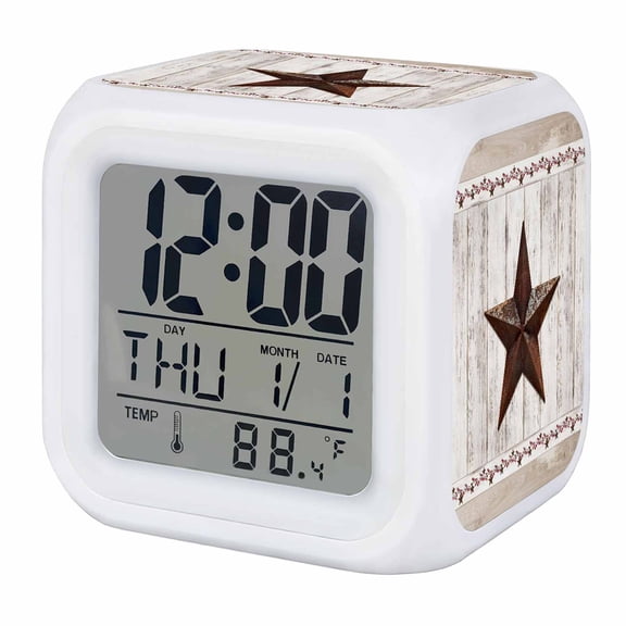 Alarm Clocks Vintage Barn Star Wood Grain Digital Clock 7 Color LED Night Light Silent Non-Ticking Battery Operated Farm Berry Cube Clocks Decorative for Bedroom Bedside Living Room Office School