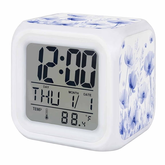 Alarm Clocks Vintage Floral Digital Clock 7 Color LED Night Light Silent Non-Ticking Battery Operated Watercolor Flowers Blue Cube Clocks Decorative for Bedroom Bedside Living Room Office School