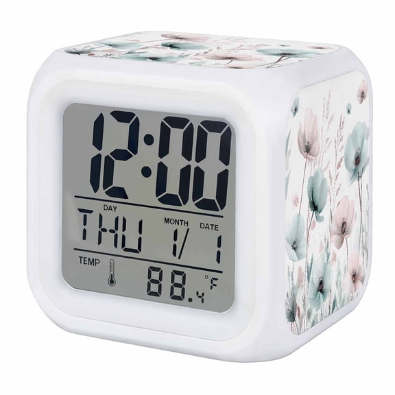 Alarm Clocks Vintage Floral Digital Clock 7 Color LED Night Light Silent Non-Ticking Battery Operated Watercolor Flowers Green Pink Cube Clocks for Bedroom Bedside Living Room Office School