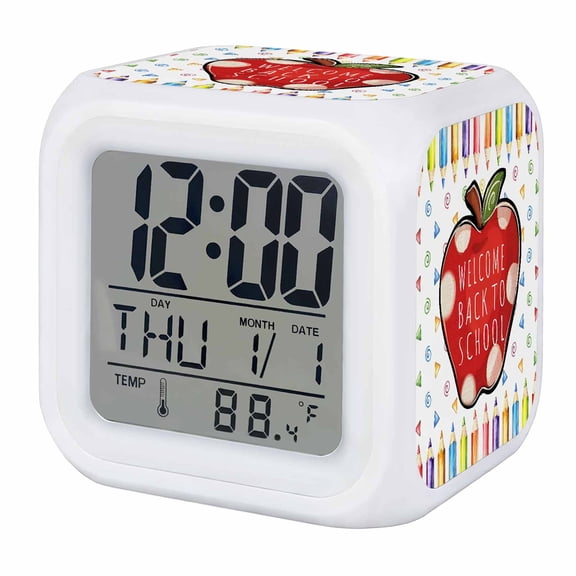 Alarm Clocks Welcome Back To School Season Digital Clock 7 Color LED Night Light Silent Non-Ticking Battery Operated Colorful Pencil Cube Clocks for Bedroom Bedside Living Room Office School