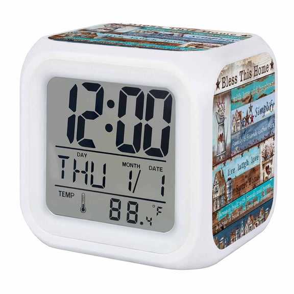 Alarm Clocks Western Texas Star Wood Digital Clock 7 Color LED Night Light Silent Non-Ticking Battery Operated Farm Bless This Home Cube Clocks for Bedroom Bedside Living Room Office School