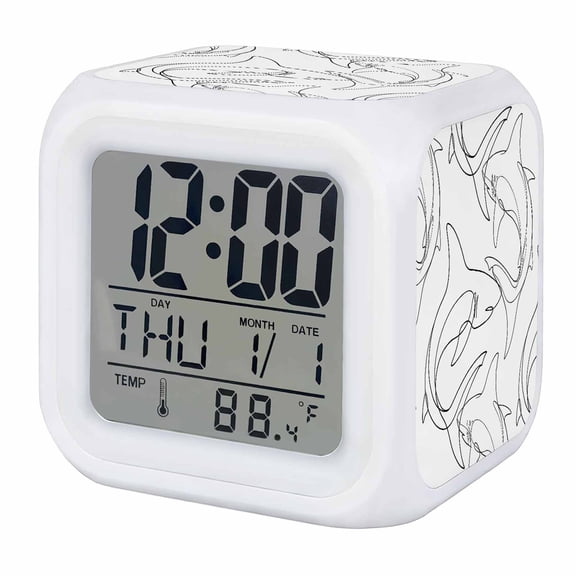 Alarm Clocks White Ocean Shark Digital Clock 7 Color LED Night Light Silent Non-Ticking Battery Operated Abstract Lines Cube Clocks Decorative for Bedroom Bedside Living Room Office School Decor