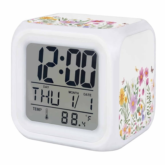 Alarm Clocks Wild Flowers Digital Clock 7 Color LED Night Light Silent Non-Ticking Battery Operated Farmhouse Butterfly Leaves Cube Clocks Decorative for Bedroom Bedside Living Room Office School
