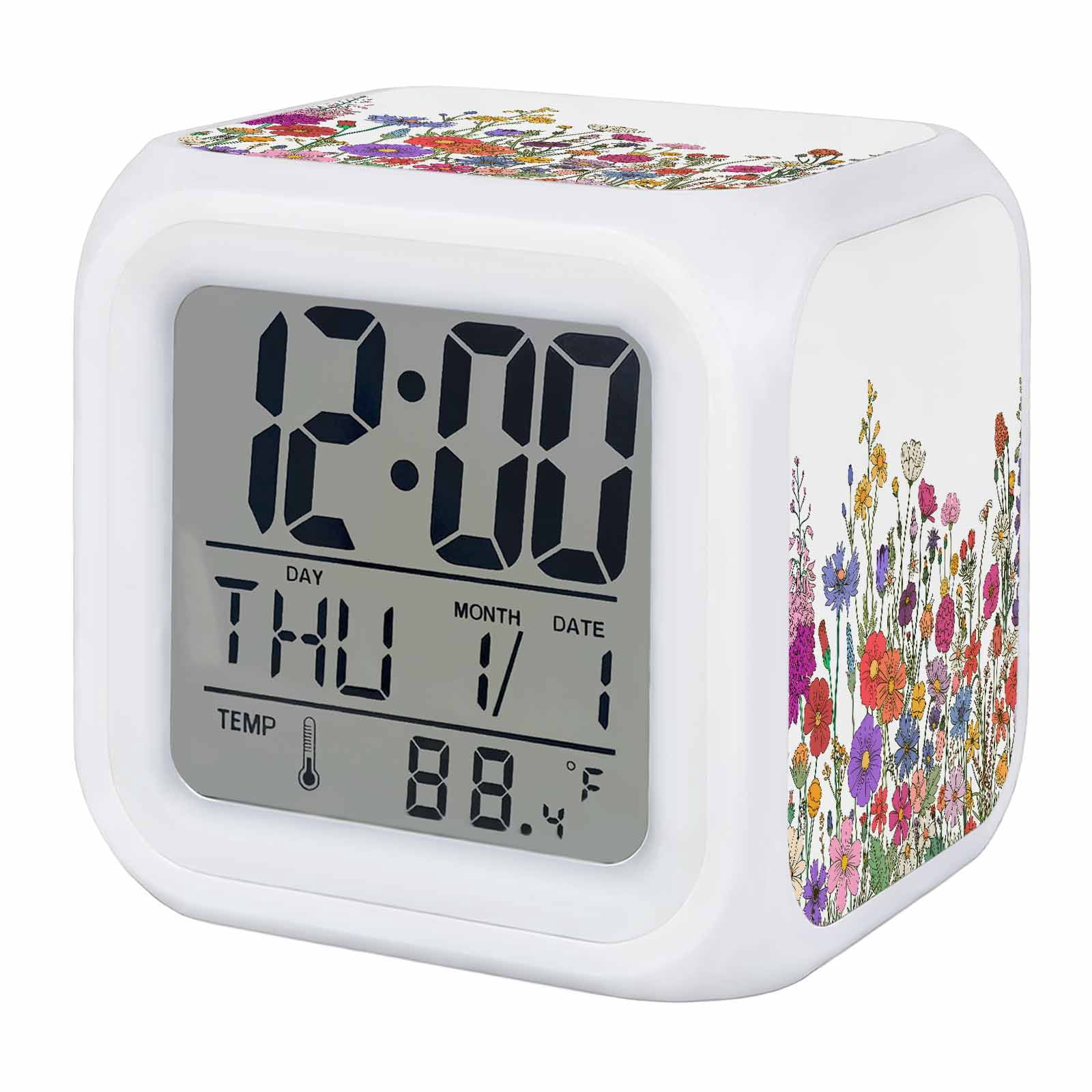 Alarm Clocks Wildflower Digital Clock 7 Color LED Night Light Silent Non-Ticking Battery Operated Herb Flower Botanical Cube Clocks Decorative for Bedroom Bedside Living Room Office School Decor