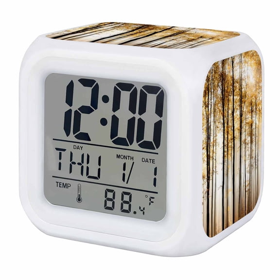 Alarm Clocks Yellow Autumn Maple Forest Digital Clock 7 Color LED Night Light Silent Non-Ticking Battery Operated Misty Forest Trees Cube Clocks for Bedroom Bedside Living Room Office School