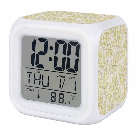 Alarm Clocks Yellow Linen Leaves Digital Clock 7 Color LED Night Light Silent Non-Ticking Battery Operated Summer Tropical Branches Cube Clocks for Bedroom Bedside Living Room Office School Decor