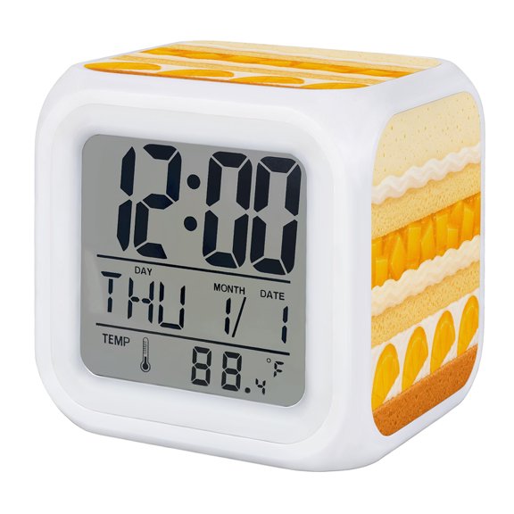 Alarm Clocks Yellow Mangos Cake Digital Clock 7 Color LED Night Light Silent Non-Ticking Battery Operated Delicious Cream Dessert Cube Clocks for Bedroom Bedside Living Room Office School Decor