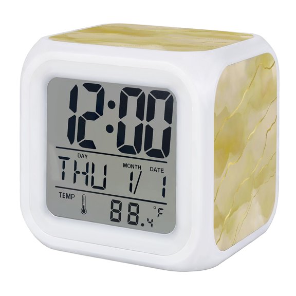 Alarm Clocks Yellow Marble Gold Veins Digital Clock 7 Color LED Night Light Silent Non-Ticking Battery Operated Modern Abstract Fluid Cube Clocks for Bedroom Bedside Living Room Office School Decor