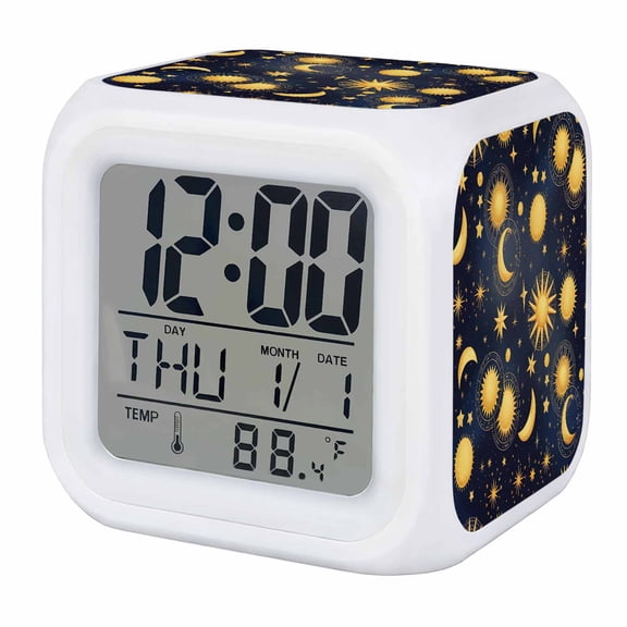 Alarm Clocks Yellow Star Moon Digital Clock 7 Color LED Night Light Silent Non-Ticking Battery Operated Fantasy Galaxy Starry Night Cube Clocks for Bedroom Bedside Living Room Office School