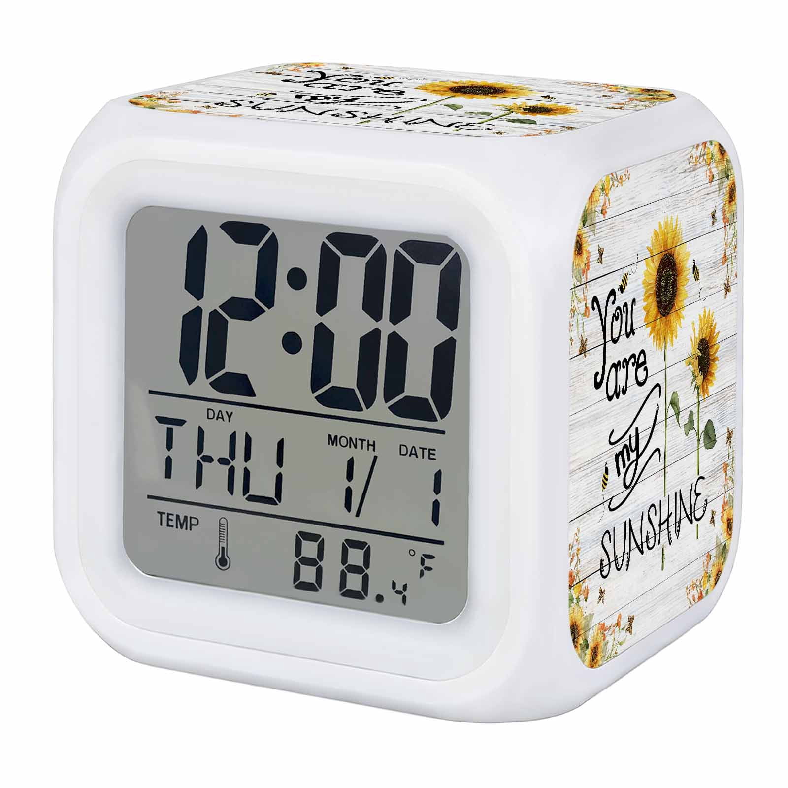 Alarm Clocks You Are My Sunshine Digital Clock 7 Color LED Night Light Silent Non-Ticking Battery Operated Bee Sunflower Wooden Cube Clocks Decorative for Bedroom Bedside Living Room Office School