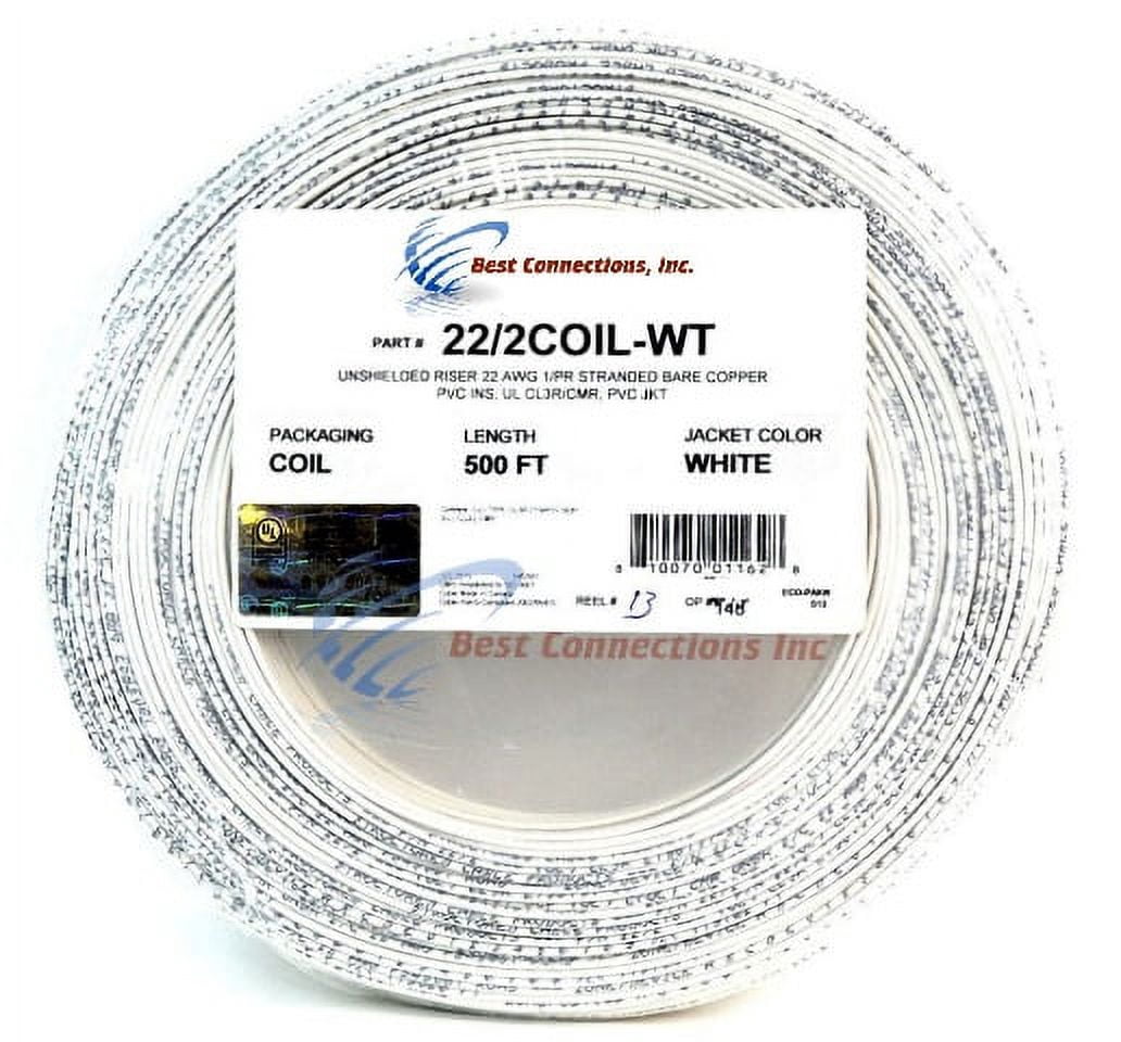 500 Ft Spool Of 22 Gauge 4-Conductor Stranded Copper Wire - White, For Security Alarm & Low Voltage
