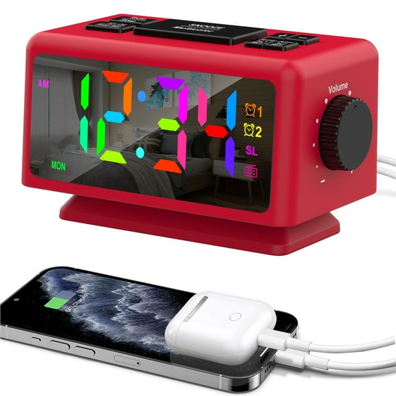 Alarm clock,With 7 Wall Room And 4 Color Usb Output Clock With Week Display 70 Alarm Clock 70 Channel Radio Color 5'' Dimmable Display With Snooze Date Led Display 7 Colors Radio Dual Usb Red