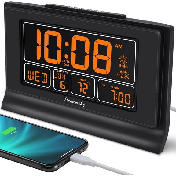 Alarm clock, bedroom and battery backup, automatically set digital clock with date and day of the week, temperature