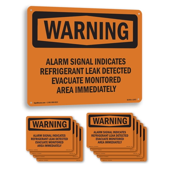 Alarmal Indicates Refrigerant Leak OSHA WARNING Rigid Plastic Sign 10 Inch x 7 Inch - 10 Pack