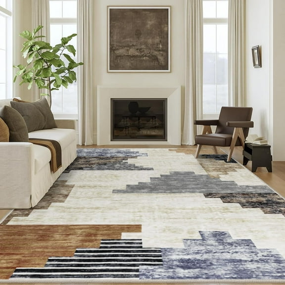 Alarmore Washable Rug 5x7, Large Soft Neutral Area Rug for Living Room, Low Pile Non-Slip Stain Resistant Abstract Throw Carpet for Bedroom, Dining Room, Hallway, Office - Vintage Blocks