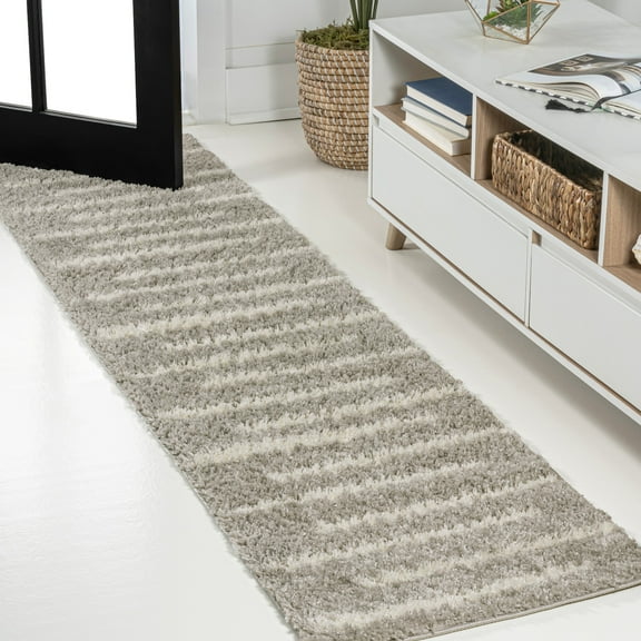 JONATHAN Y MOROCCAN HYPE 2 x 10 Runner Rug, Alaro Berber Stripe Shag - Gray/Ivory, MOH402B-210