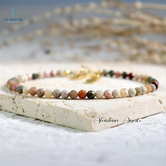 Alashan Agate 3-3.5mm Round Shape Faceted Cut Beads Adjustable Gold Plated Clasp Bracelet for men, women, unisex. Link Chain Stacking Bracelet.|LINK_00080