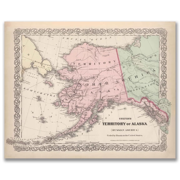 Alaska 1867 Vintage Map 11x14 Unframed PrintAntique Coltons Atlas Poster, Historical Cartography Reproduction of Russian America, Vintage Wall Art for Living Room, Office, Library, Study, Classroom