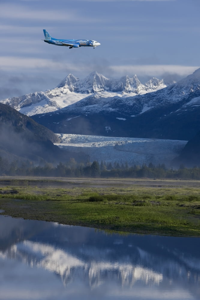 Alaska Airlines Disney Jet Approaches For A Landing At The Juneau International Airport With Mendenhall Glacier And Towers In The Background Canvas Art - John Hyde Design Pics (11 x 17)