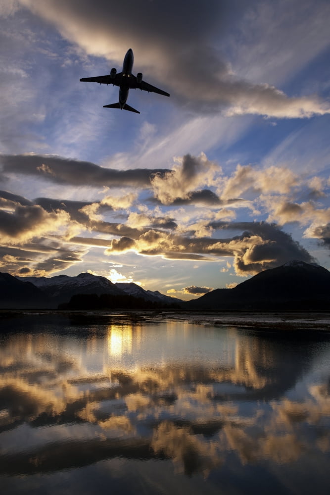Alaska Airlines jet takes off from Juneau International airport at dawn Juneau Alaska Canvas Art - John Hyde Design Pics (12 x 19)