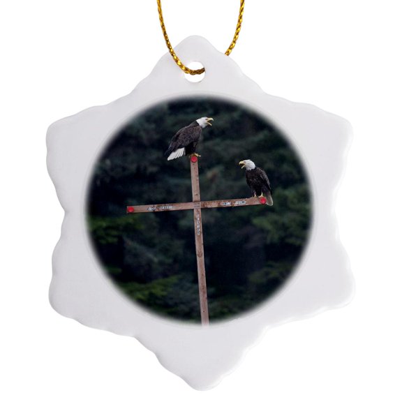 3drose, Alaska, Angoon, Bald Eagles on Cross Memorial - Us02 Pso0611 - Paul Souders, 3 inch Snowflake Porcelain Ornament