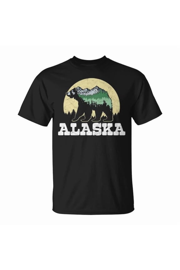 Alaska Bear Sketch Mountains and Trees Graphic Tee Unisex Adult Cotton Wildlife Nature T-Shirt for Outdoor Adventure or Casual Wear, Size S, Color Black