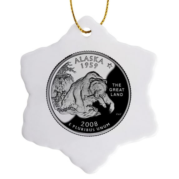 3drose, Alaska Collectible Quarter, 3 inch Snowflake Porcelain Ornament