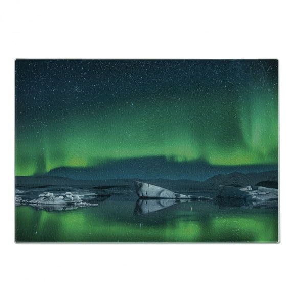 Alaska Cutting Board, Aurora Borealis Under the Starry Sky Hills of Arctic Northern Landscape, Decorative Tempered Glass Cutting and Serving Board, Small Size, Night Blue Lime Green, by Ambesonne