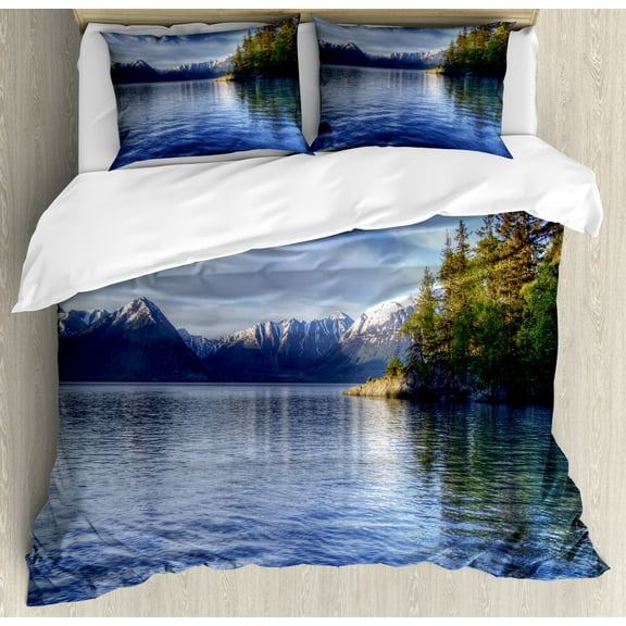 Alaska Duvet Cover Set King Size, Turnagain Arm of the Cook Inlet Anchorage Idyllic Lakeside Photography, Decorative 3 Piece Bedding Set with 2 Pillow Shams, Lime Green Navy Blue, by Ambesonne