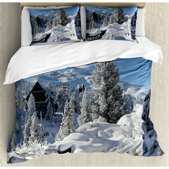 Alaska Duvet Cover Set King Size, Winter Season in the North American Countryside Snow Covered Fields Trees, Decorative 3 Piece Bedding Set with 2 Pillow Shams, White Sky Blue Brown, by Ambesonne