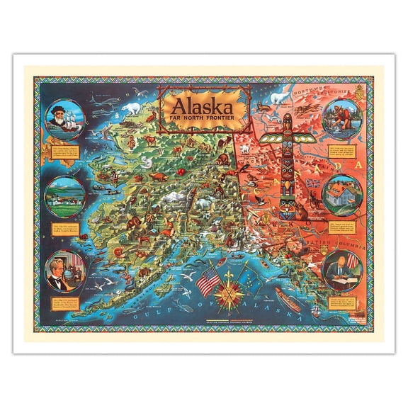 Alaska Far North Frontier - Vintage Pictorial Map by Klengston Rude c.1959 - Fine Art Matte Paper Print (Unframed) 11x14in