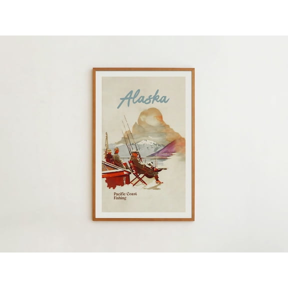 Alaska Fishing Art Retro Pacific Coast Travel Wall Art Decor Unframed Canvas 16x20in