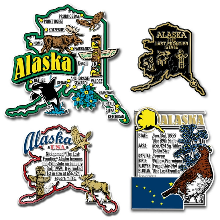 Alaska Four Piece State Magnet Set by Classic Magnets Includes 4 Designs