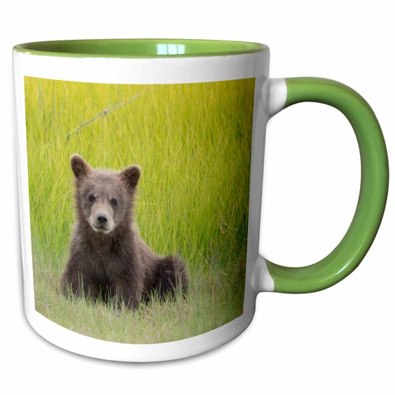 3drose, Alaska. Grizzly Bear Cub Sits in a Meadow in Lake Clark Np., 11oz Two-tone Green Mug