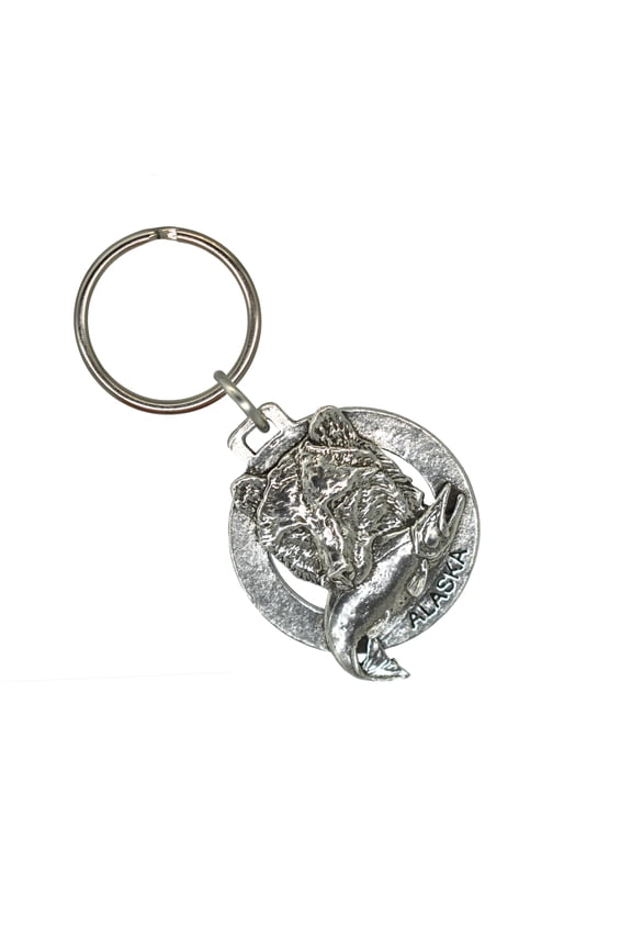 Alaska Grizzly with Salmon Keychain, Bear, Brown Bear, Fish, Fishing, A610KC, Key Fob, Key Ring, Keys, Zipper Pull, Luggage Tag, Pewter, Backpack, Over 300 Keychains Designs, Handmade in the USA