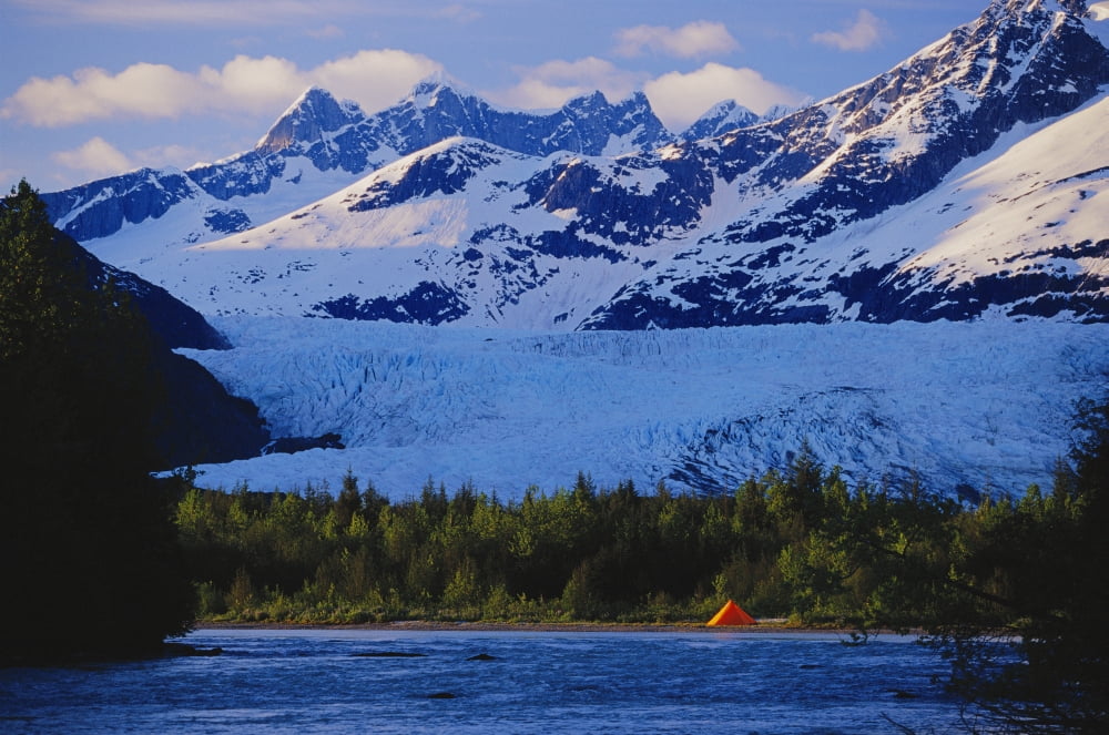 Alaska Inside Passage Orange Tent Along Mendenhall River Mendenhall Glacier Background Canvas Art - John Hyde Design Pics (38 x 24)