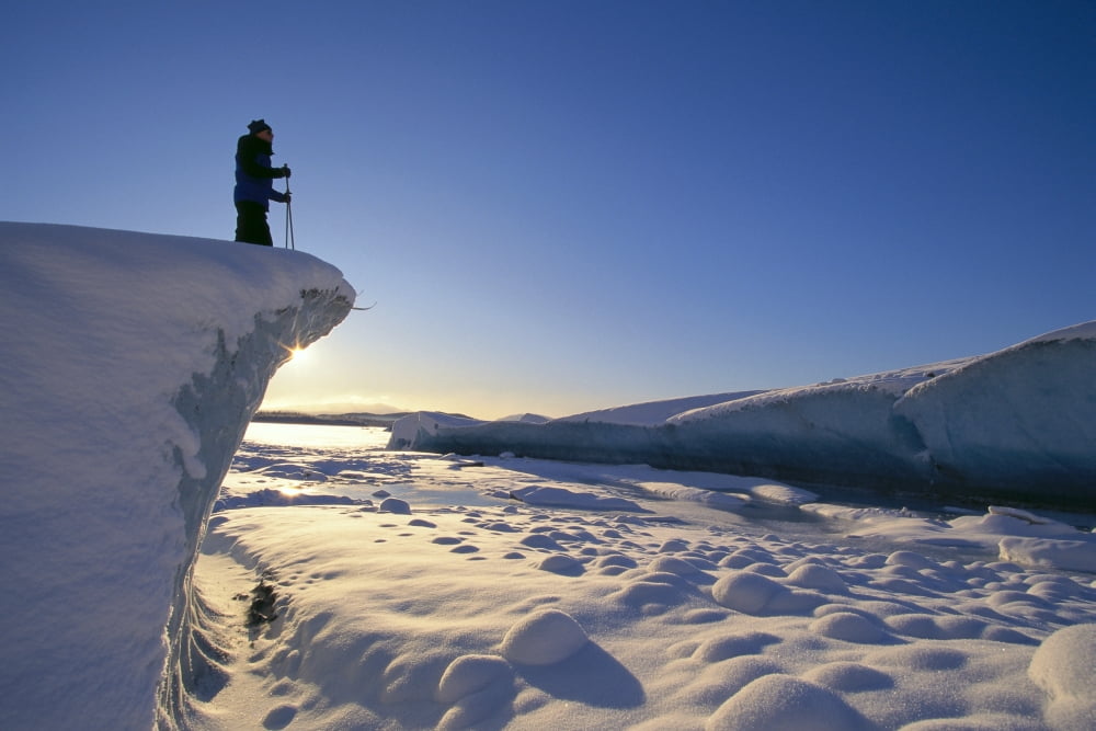 Alaska Juneau Mendenhall Glacier Nordic Skier On Cliff Overlooking Scenery Sunrise With Reflections On Snow Canvas Art - John Hyde Design Pics (19 x 12)