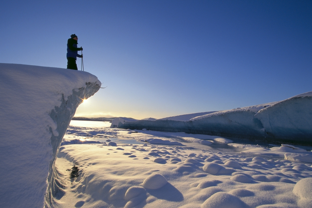 Alaska Juneau Mendenhall Glacier Nordic Skier On Cliff Overlooking Scenery Sunrise With Reflections On Snow Canvas Art - John Hyde Design Pics (38 x 24)