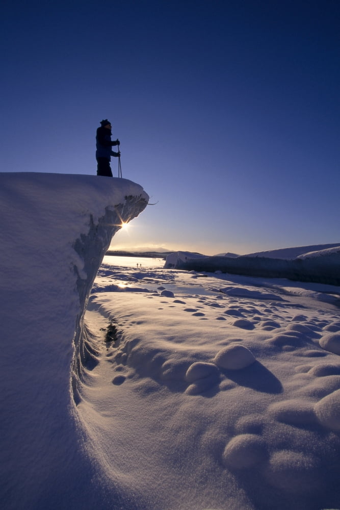 Alaska Juneau Mendenhall Glacier Nordic Skier Stands On Cliff At Sunset B1661 Canvas Art - John Hyde Design Pics (12 x 19)