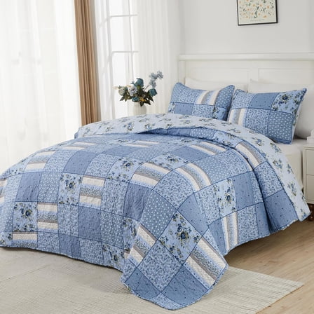Alaska King Quilts 132x120, 3 Pcs Blue Plaid Floral Oversized King Quilt, Extra Wide Patchwork Bedspread Coverlet Set for All Seasons, Reversible Bedding Set
