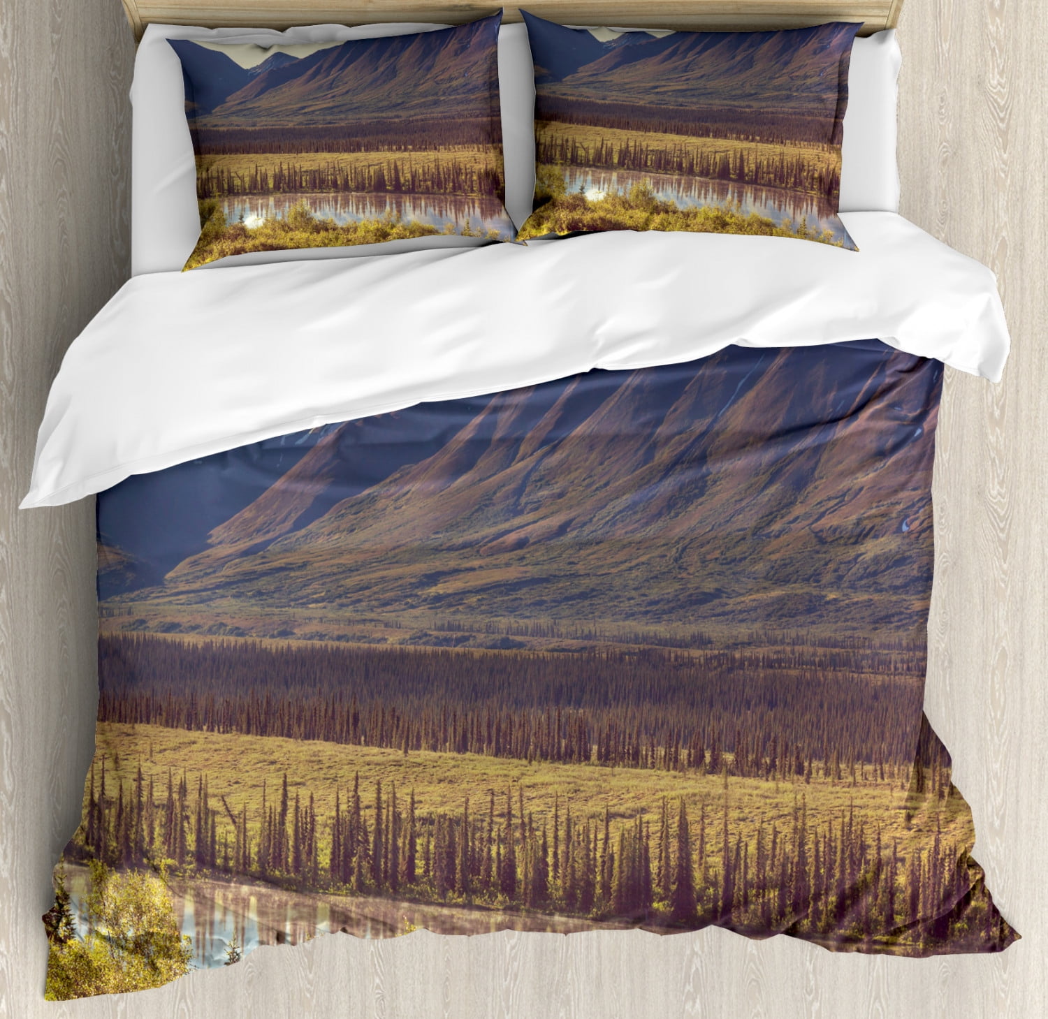 Alaska King Size Duvet Cover Set, Mountain and River in Alaska American Countryside Idyllic Rustic Photo, Decorative 3 Piece Bedding Set with 2 Pillow Shams, Forest Green Yellow, by Ambesonne