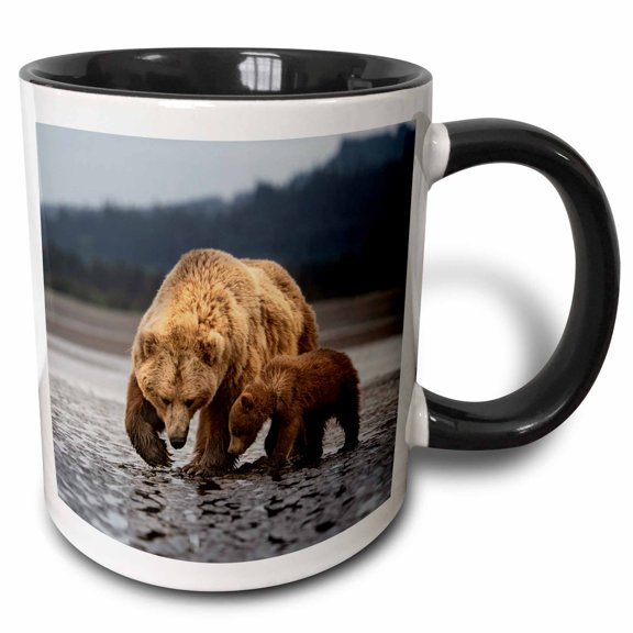 3drose, Alaska, Lake Clark. Grizzly Bear Sow, Cub Searching for Clams, 11oz Two-tone Black Mug