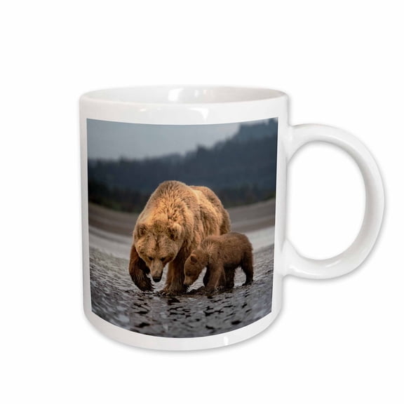 3drose, Alaska, Lake Clark. Grizzly Bear Sow, Cub Searching for Clams, 15oz Mug