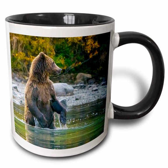 3drose, Alaska, Lake Clark. Grizzly Bear Stands up in the Water., 11oz Two-tone Black Mug