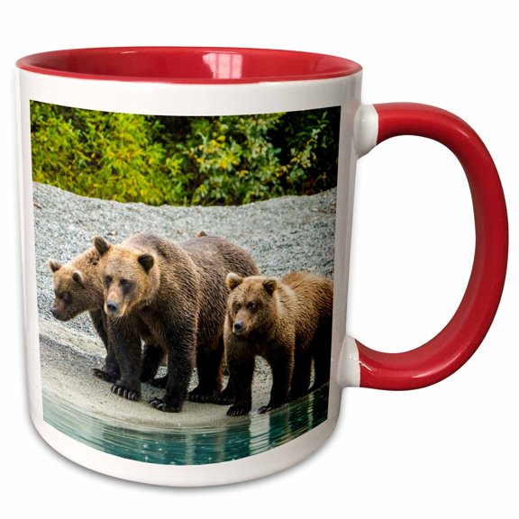 3drose, Alaska, Lake Clark. Mom and Two Cubs Walking Along the Shoreline., 11oz Two-tone Red Mug
