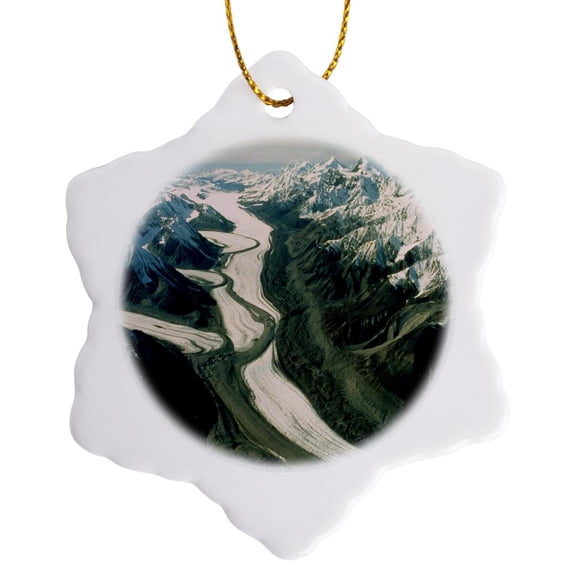 3drose, Alaska Mountain Range Aerial View, 3 inch Snowflake Porcelain Ornament